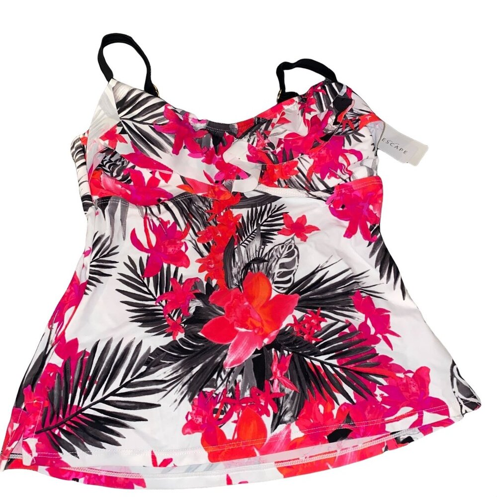 Island Escape Tankini Swim Top Size 6 White Pink Red Floral Womens Flowers Leaf